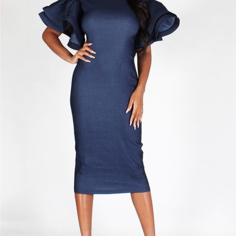 Blue Ruffled Bodycon Midi Dress with Puff Cap Sleeves